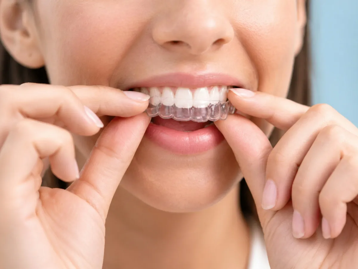 A smiling woman pressing a clear aligner onto her top teeth