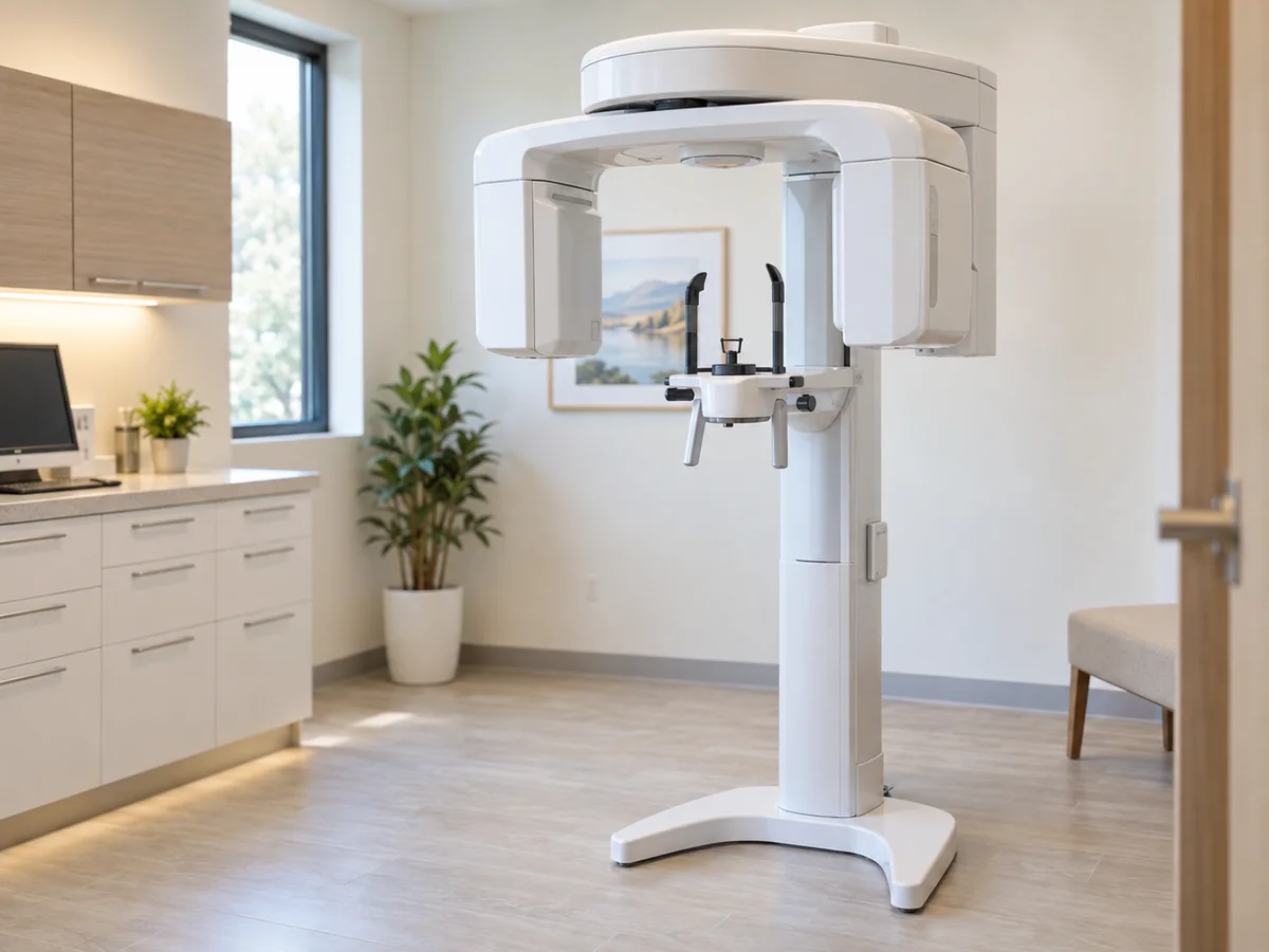 Illustrative image of a digital panoramic X-ray scanner in a dental imaging room