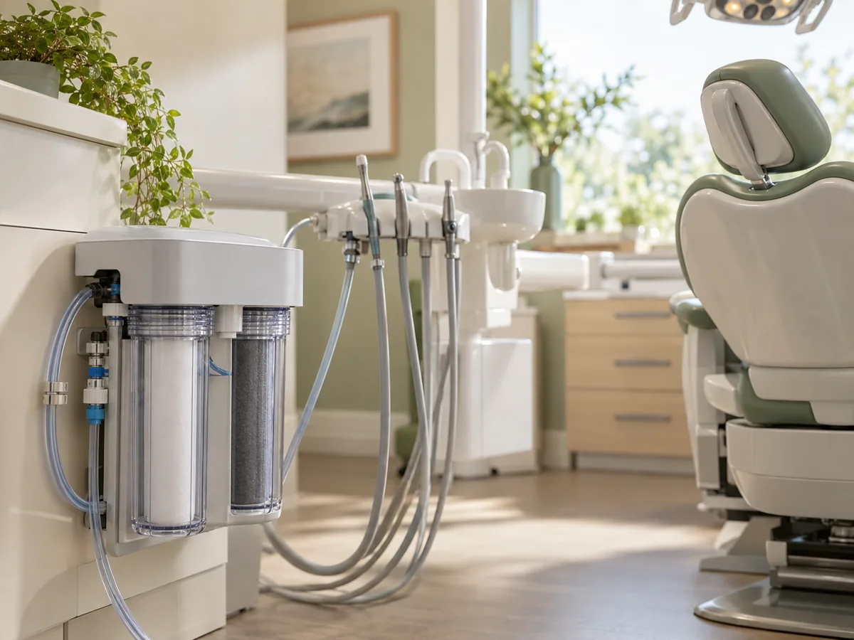 Illustrative image of a water purification system beside dental equipment