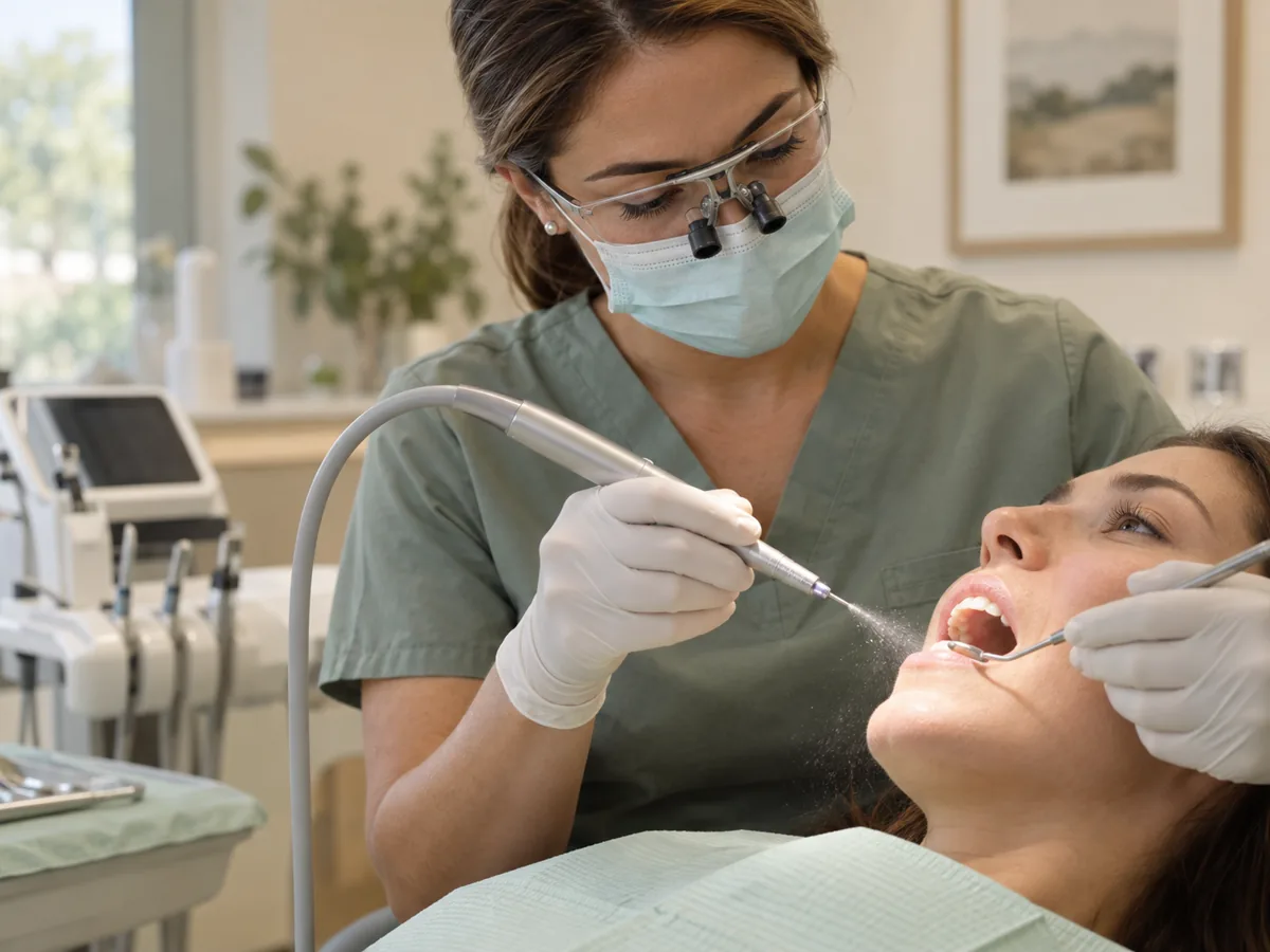 Illustrative image of a clinician using a water-assisted dental laser